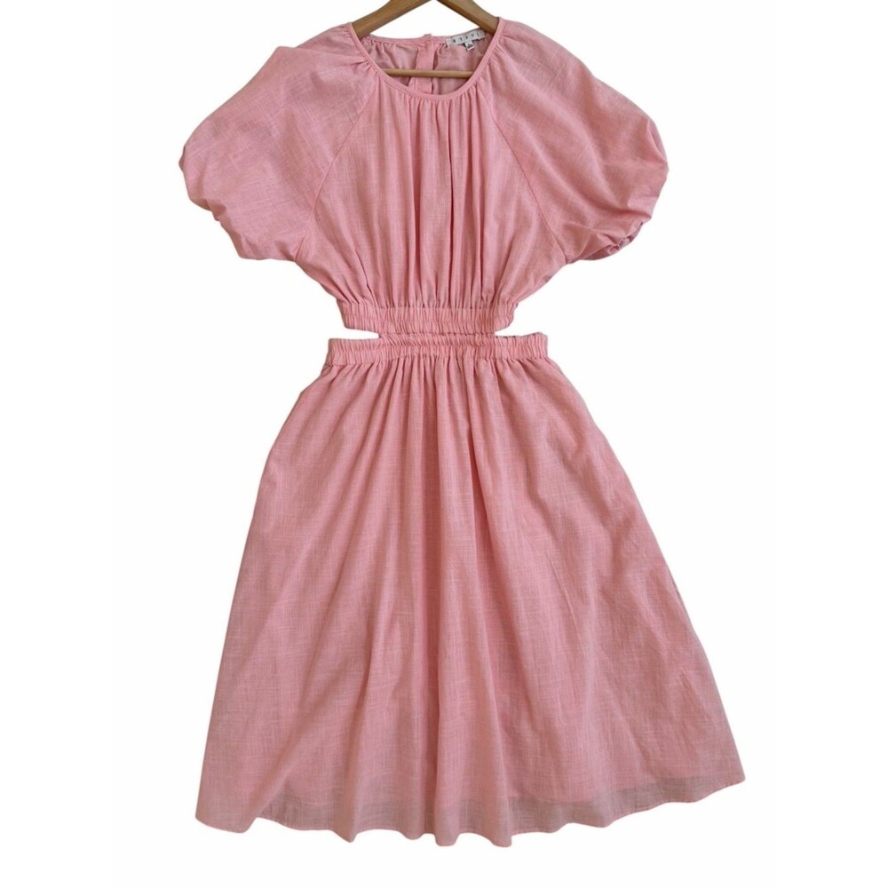 HYFVE Pink Puff Sleeve Cutout Waist Shirred Button Back Midi Dress Womens Sz L